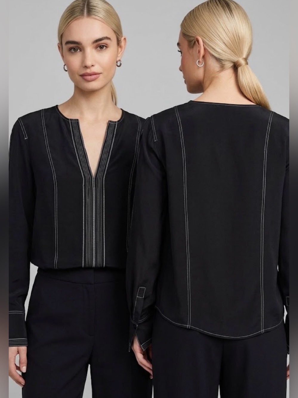 Ulla Johnson women’s SAFI Blouse long sleeve tailored top black white stitches 4